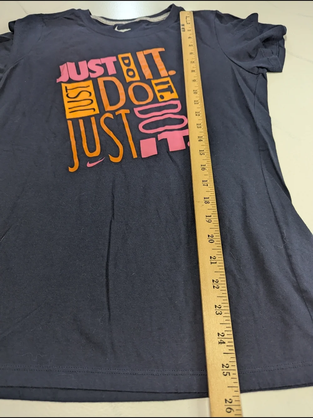 Nike Just Do It T Shirt Womens Large Navy Blue Graphic Slim Fit Tee Cotton